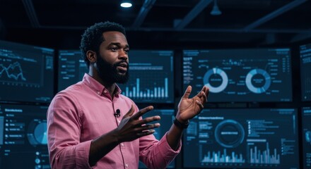 Businessman Presenting Data Analytics on Multiple Screens