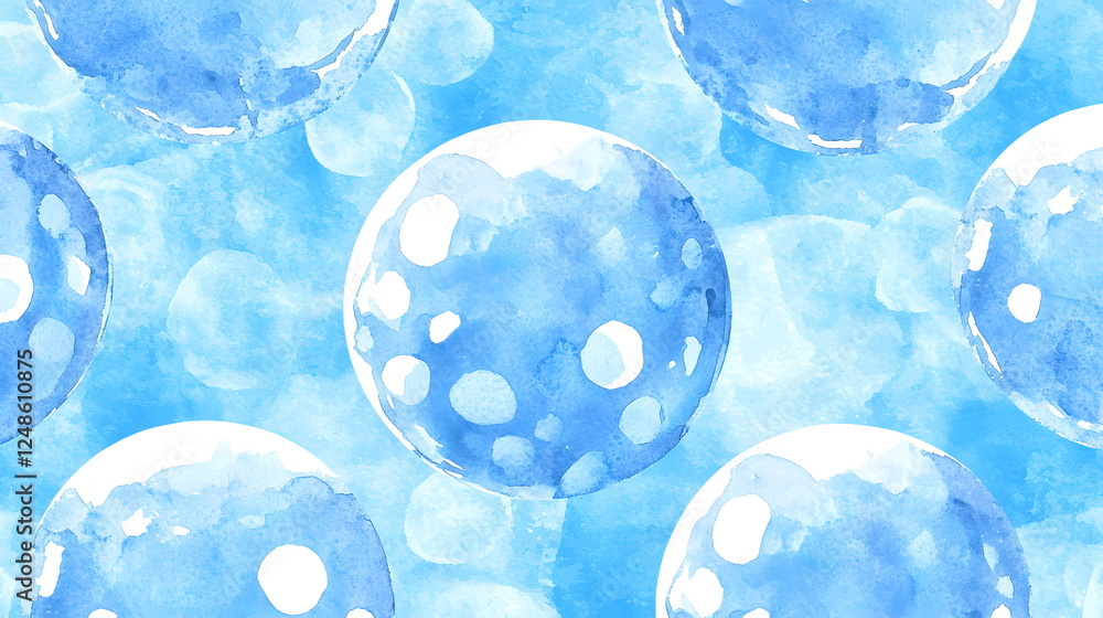 Aufkleber watercolor transparent bubbles floating on a light blue background with soft textures and patterns.
