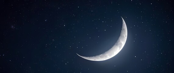Naklejka premium A breathtaking closeup of a crescent moon shining brightly in a navy sky surrounded by twinkling stars representing dreams and wonder. Extremely detailed high resolution illustration.