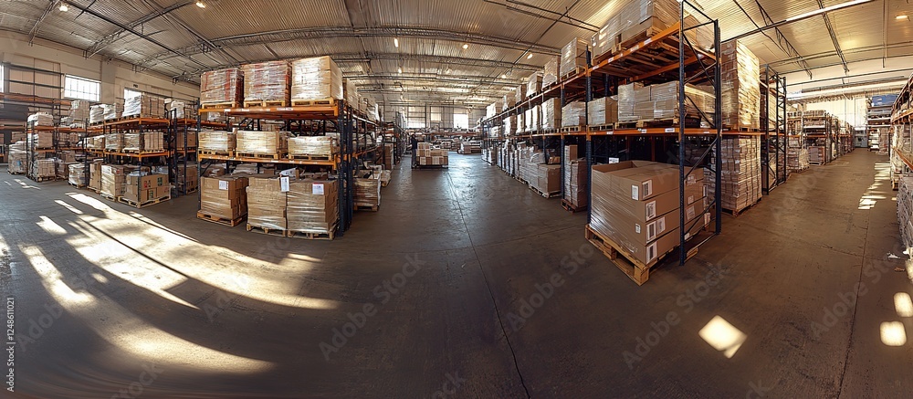 Poster warehouse inventory: rows of pallets stacked high with cardboard boxes efficiently organized for log