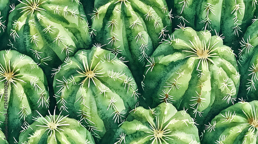 Poster lush green cacti with intricate spines arranged closely together in a vibrant pattern.
