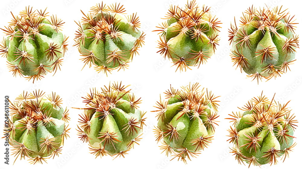 Poster cacti with spiky yellow-green needles on a transparent background in a symmetrical layout.