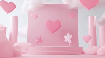 Playful Pink Heart Stage with Clouds for Romantic Themes