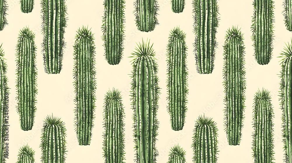 Poster cacti pattern with vertical lines and green details on a light background.