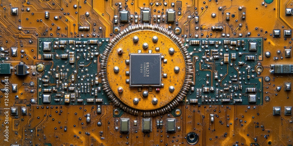 Poster detailed circuit board with integrated chip showcasing complex electronic components and intricate l