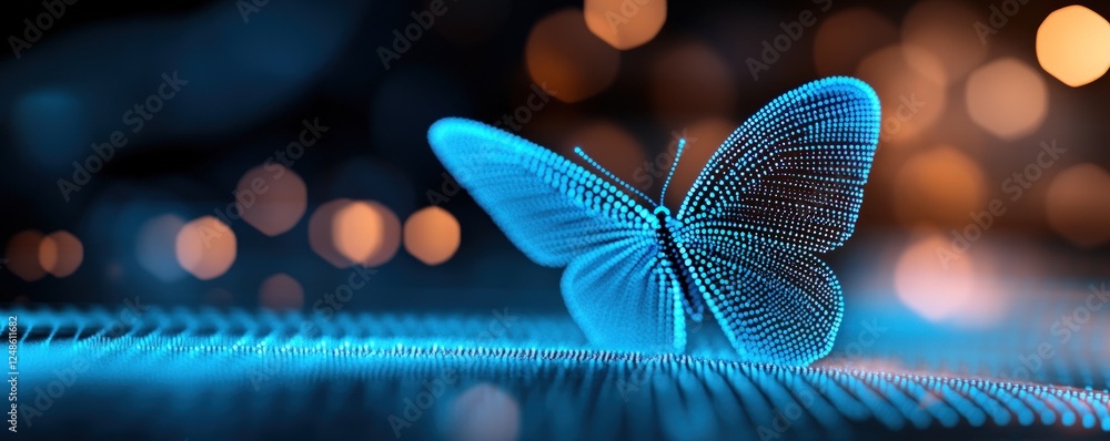 Poster digital butterfly on data flow, bokeh background