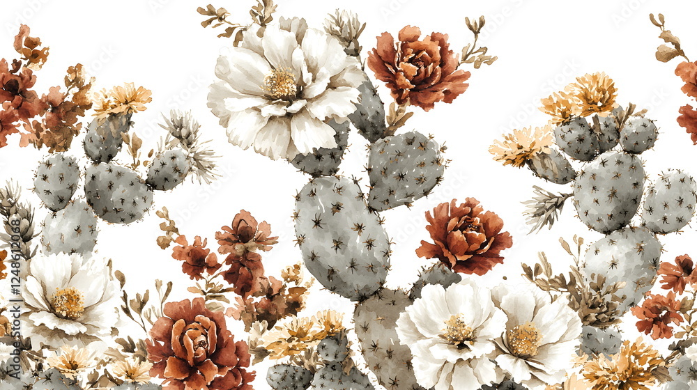 Poster cacti adorned with beige and rust-colored flowers along a transparent background.