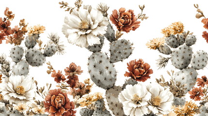 Obraz premium Cacti adorned with beige and rust-colored flowers along a transparent background.