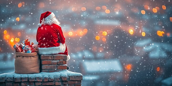 Christmas Magic Santa Claus Sitting on a Brick Chimney. Snow Falling, City Lights in the Distance