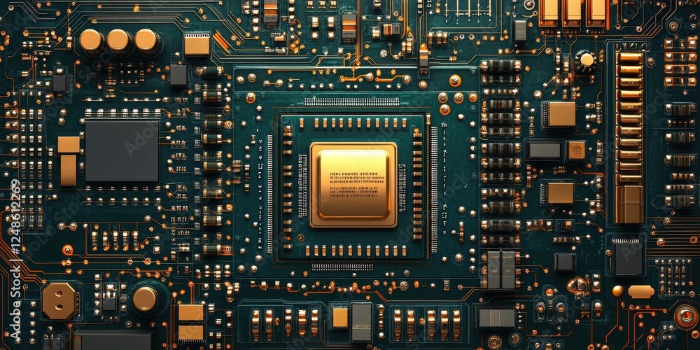 Poster detailed close-up of circuit board with integrated chip showcasing complex circuitry and electronic 