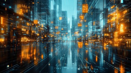 Fototapeta premium Futuristic city street at night, digital data streams, reflection