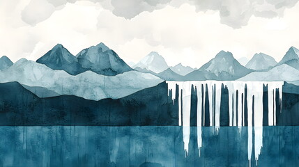 Mountain landscape with glaciers and serene icy blue waters reflecting clouds