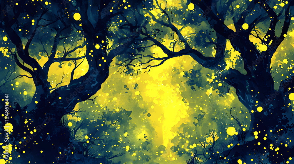 Aufkleber enchanted forest with illuminated trees and glowing yellow orbs in a mystical atmosphere.