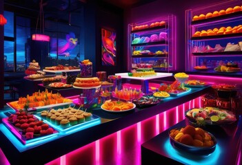 vibrant neon snack display showcase colorful spread eye catching backdrop reflecting delectable culinary delights, food, dessert, treat, tasty, cuisine