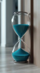 Blue hourglass sands falling indoors, time lapse
