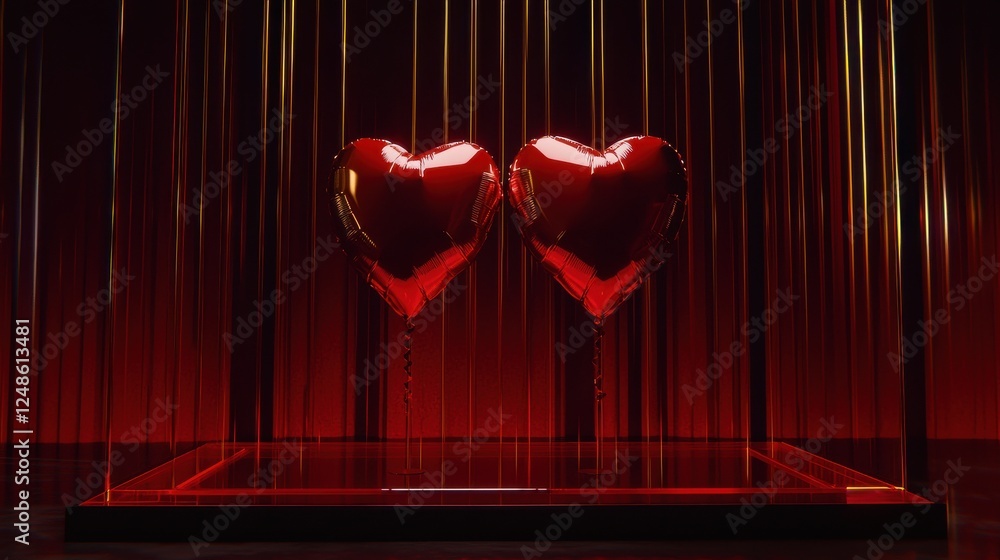 Poster two shiny red heart balloons on display behind vertical strings