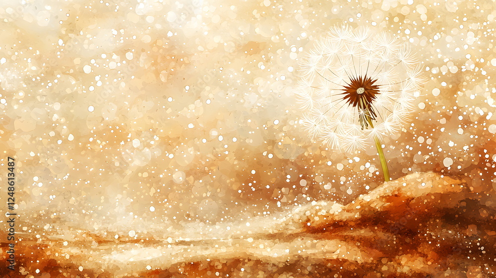 Poster dandelion flower with delicate seeds glowing against a soft golden background filled with sparkling 
