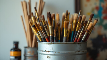 Assorted Paintbrushes in Metal Can: Artist's Studio Still Life, Close-Up of Bristles, Art Supplies for Painting, Creative Workspace Decor