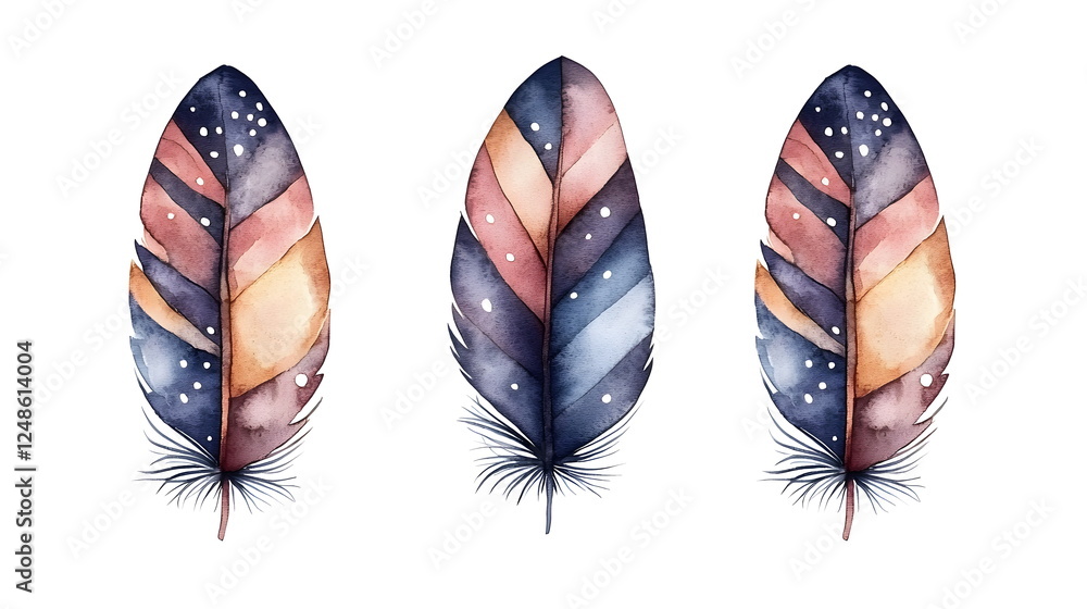 Poster colorful watercolor feathers with intricate patterns and soft textures on a transparent background