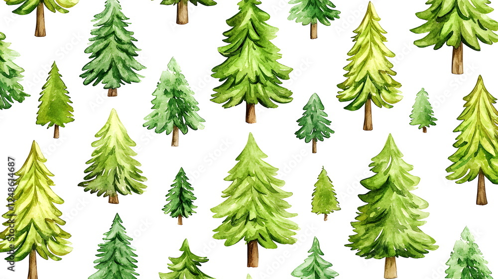 Poster green pine trees with transparent backgrounds arranged in various sizes and shades across a white ba