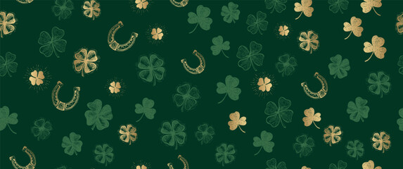 Gold clover pattern on green. Hand drawn illustrations. Patricks Day