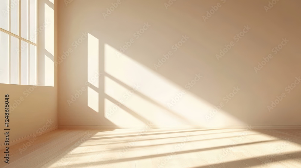 Poster bright and airy empty room with natural light streaming through windows and casting shadows on the f