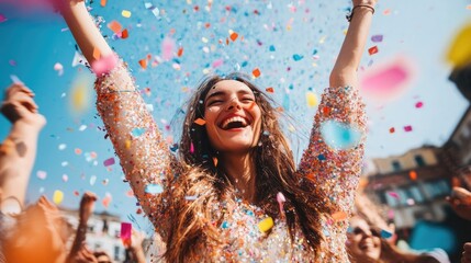 Joyful Celebration: Woman Embracing Happiness Amidst Colorful Confetti Shower