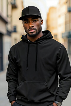 A man wearing a black hoodie and a black hat