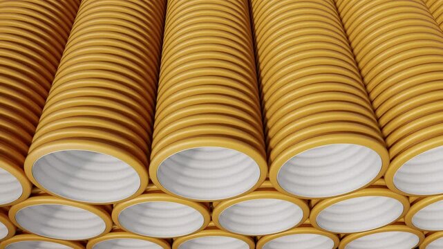 Stack of large-diameter yellow pipes awaits installation of the construction of urban sewerage. Double-layer corrugated pipes polyethylene for external sewerage. Close up. Seamless loop. 3D render.