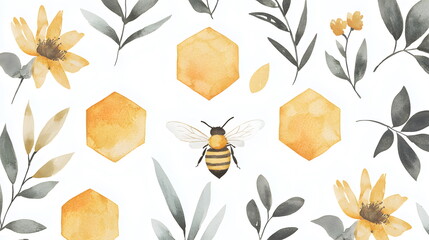 Yellow flowers and honeycombs with a bee against a transparent background in watercolor style