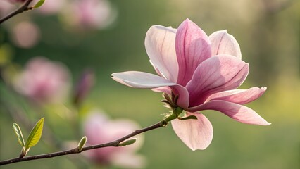 Obraz premium Magnolia Blossom: Delicate petals of a pink magnolia flower open gracefully against a soft, green backdrop, capturing the essence of spring's gentle awakening.