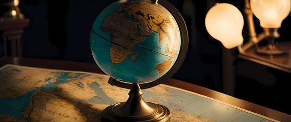 A beautiful closeup of an elegant vintage globe resting atop a map inviting nostalgia and exploration into the wonders of the world. Extremely detailed high resolution illustration.
