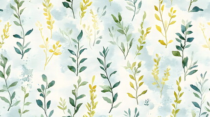 Soft watercolor pattern of various delicate leaves on a light background.
