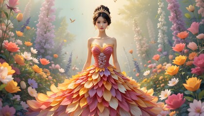 A stunning princess adorned in a floral gown amidst a vibrant garden, embodying beauty and magic. Perfect for fantasy art and fairytale themes.