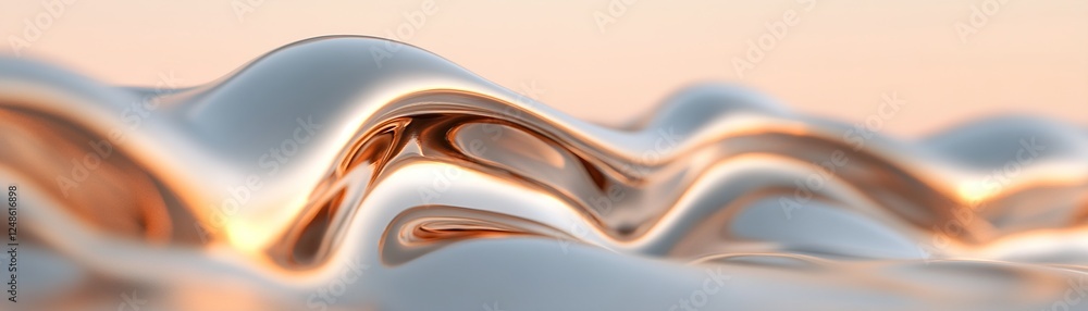 Poster smooth, undulating metallic surfaces capture the soft golden hue of a sunrise, creating a surreal at