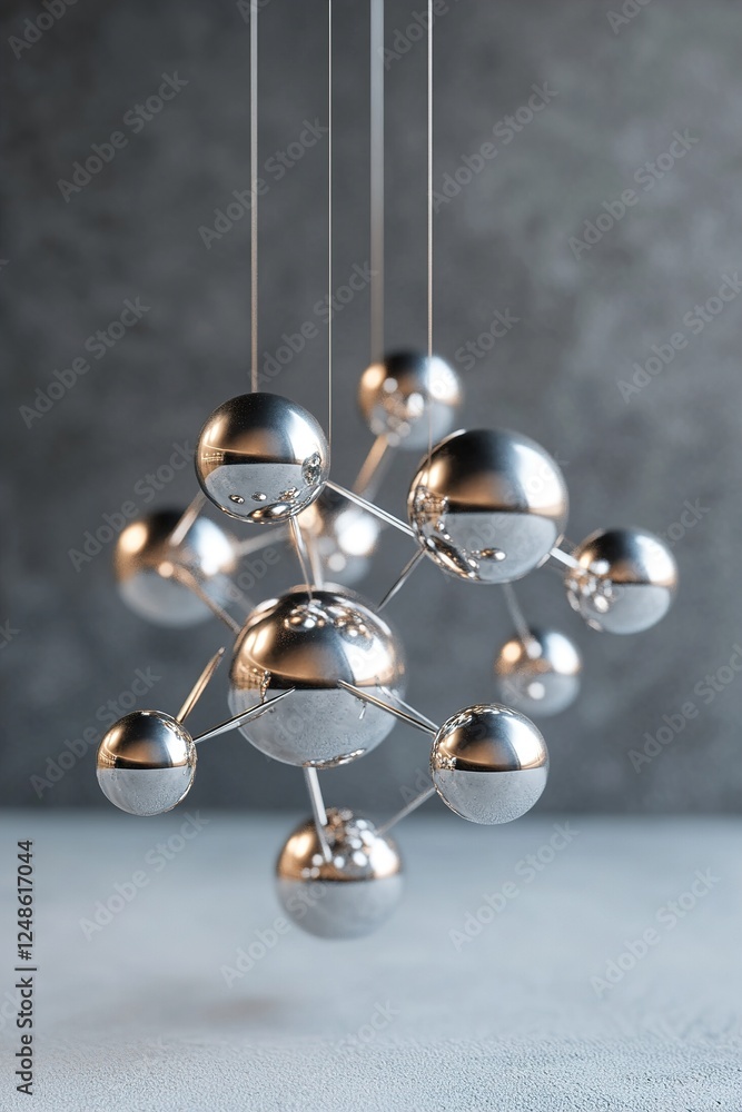 Poster metallic spheres and geometric shapes float effortlessly in a boundless black void, creating a mesme