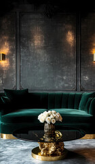 "A deep emerald green velvet sectional sofa with gold metallic legs, adding a touch of modern royalty to the space. A luxurious black glass coffee table with a sculpted metal base stands in front, hol