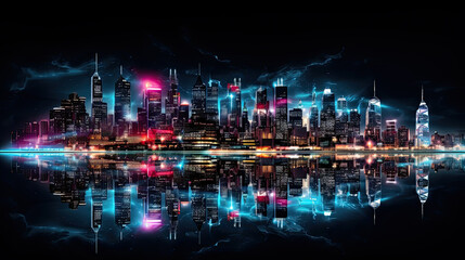 Vibrant City Skyline at Night with Colorful Reflections