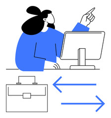Woman working on desktop, briefcase icon, arrows indicating workflow or exchange. Ideal for business, task management, communication, decision-making, professional roles, navigation abstract line