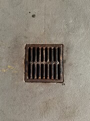 A close-up view of a rusted metal drain grate embedded in a concrete surface. The grate has...