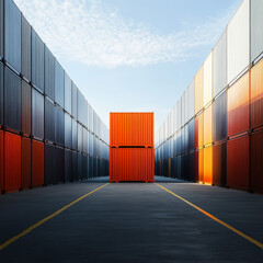 Fototapeta premium A container cargo freight ship loaded with containers at a port under a blue sky