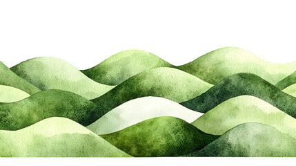 Lush green watercolor waves softly undulating across a transparent background.