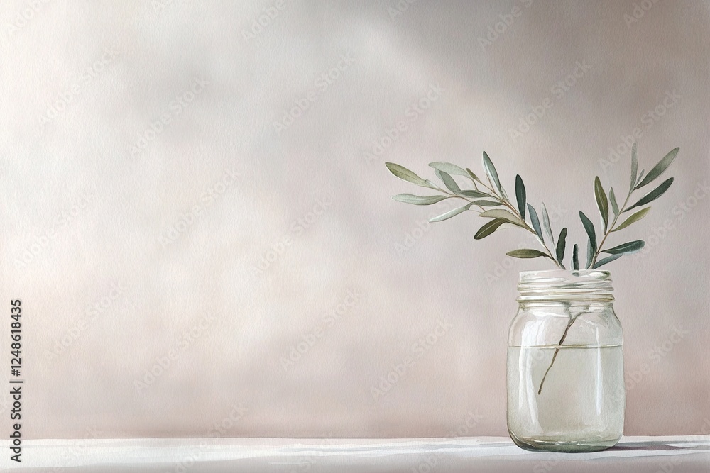 Poster a translucent watercolor portrays an empty glass jar holding a single olive branch, emphasizing the 