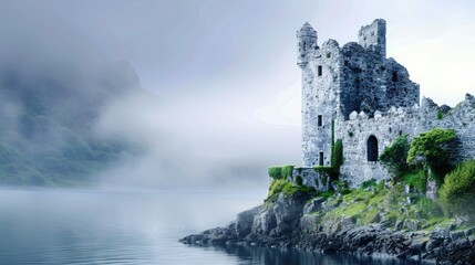 Stunning Castle Ruins By A Calm Misty Lake Shore
