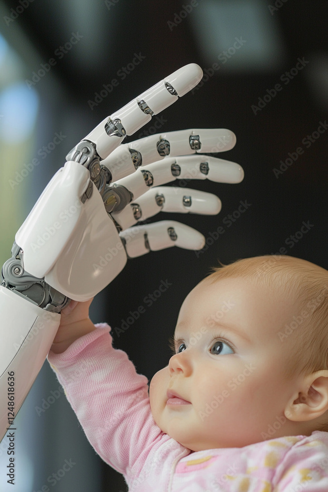 Poster robot hand interacts with baby in modern setting