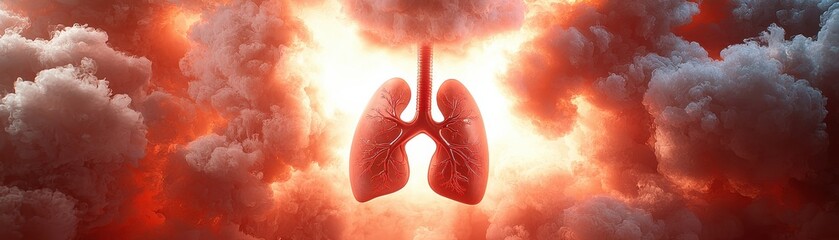 A dramatic depiction of lungs surrounded by vibrant clouds, symbolizing breath, vitality, and the essence of life.