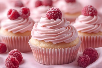 Delectable Raspberry Cupcakes with Pink Frosting for Dessert and Celebration Themes