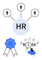 HR circle connecting employees, blue certification badge, magnifying glass over risk analysis. Ideal for HR systems, workforce management, compliance, employee training, assessment, decision-making