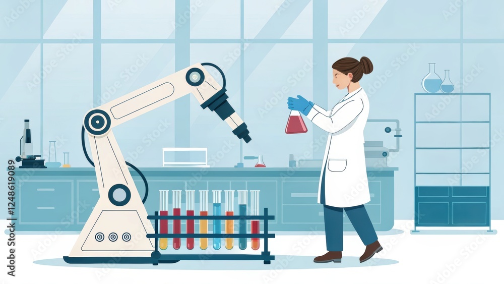 Poster human and ai concept, laboratory robot assisting a scientist with experiments