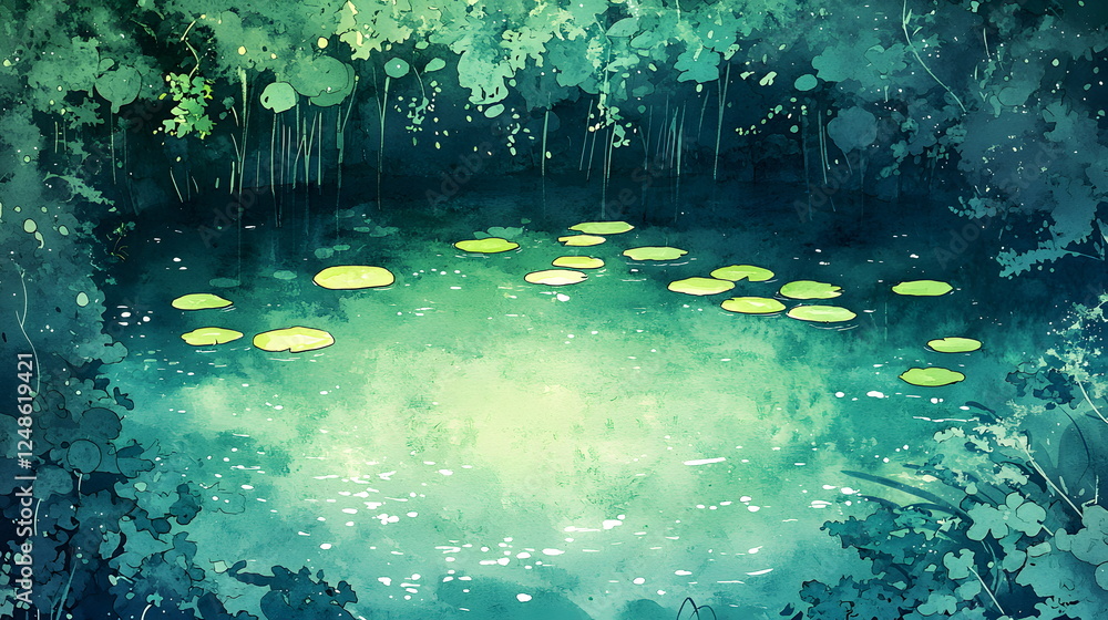 Poster lily pads floating on a tranquil pond surrounded by lush greenery and soft light.